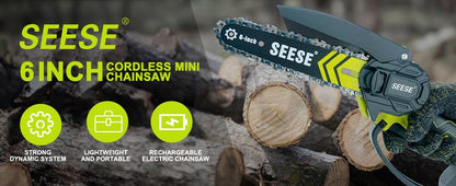 SEESE Brushless Mini ChainSaw- Portable Electric Cordless Saw for Wood Cutting, Batteries (2000mAh)